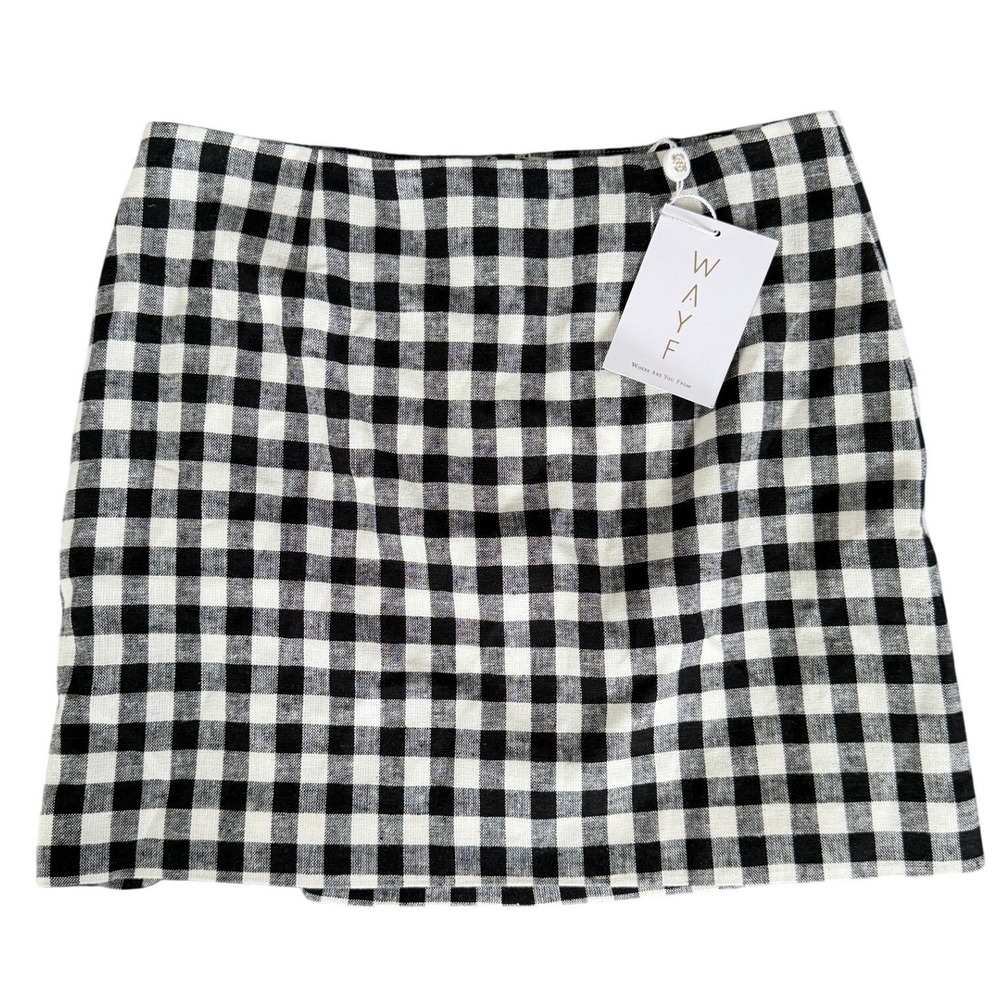 WAYF Gingham Mini Skirt Size 8 Black White Linen Cottagecore Preppy Academia